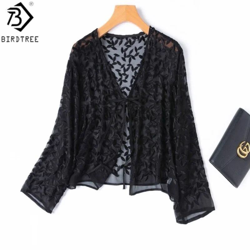 

Birdtree 100% Mulberry Silk Embroidery Cardigan, Sun-Protective Semi Perspective Long Sleeve V-neck Black Coat,2025 New T57415JF