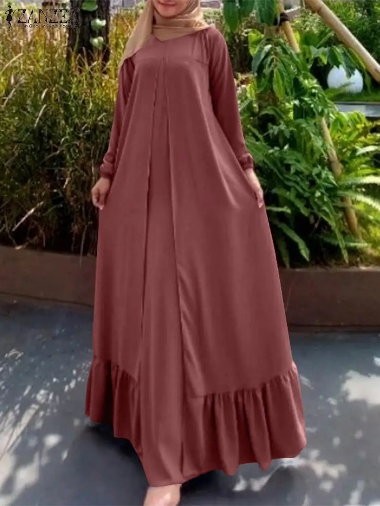 

ZANZEA Women Fashion Long Sleeve Ruffles Hem Dress Autumn Vintage Solid Loose Islamic Clothing Abaya Muslim Sundress Robe Femme