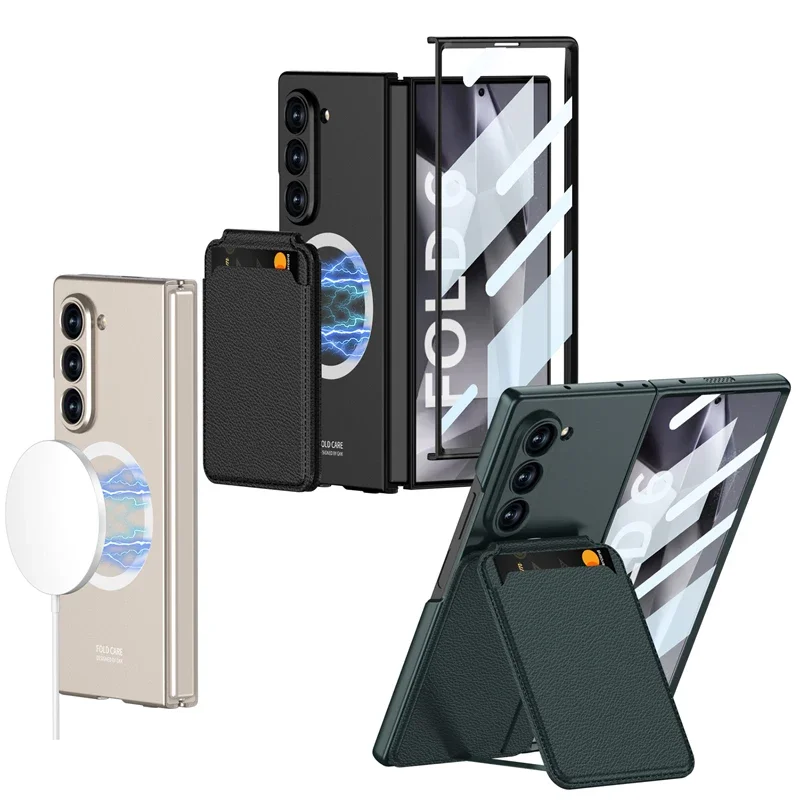 

For Samsung Galaxy Z Fold 6 Case GKK Magnetic Plain Leather Flip Stand Folding Cover With Card Slot + Free Tempered Glass