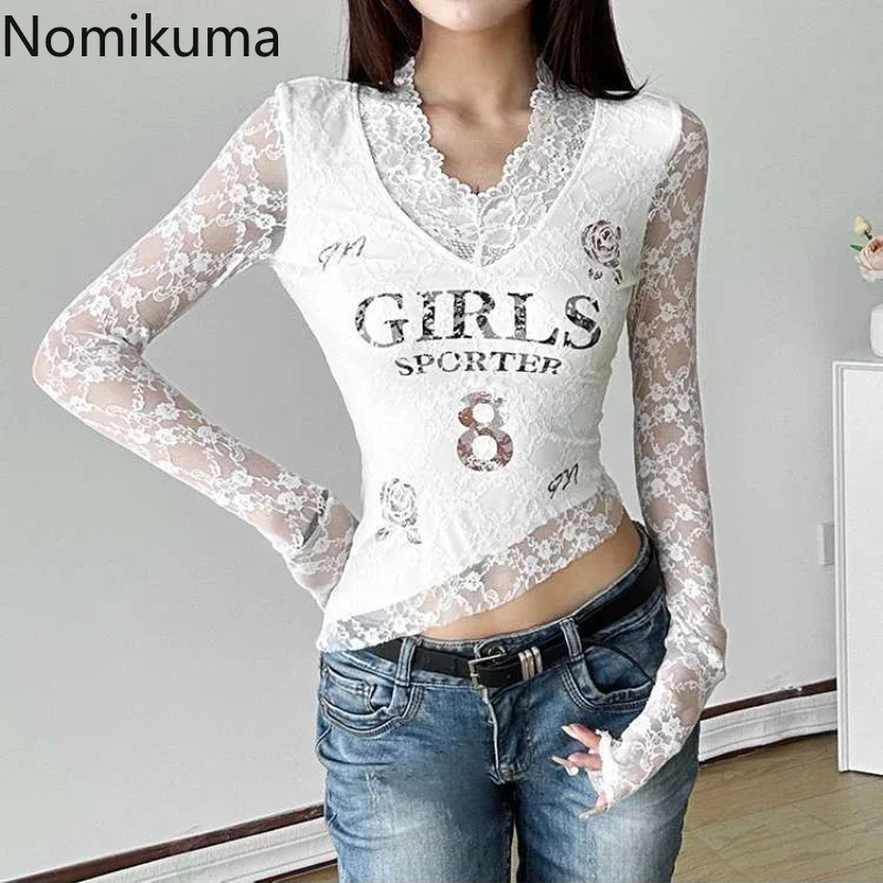 Sexy Tshirts Y2k Tops Women Clothing V-neck Long Sleeve Tees Patchwork Lace Letter Camisetas Chic Irregular Summer Crop T-shirt