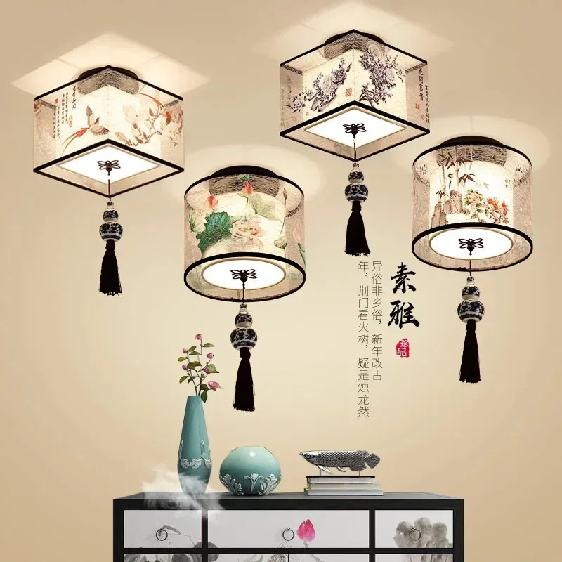 New Chinese Chandelier Lustre Ceiling Lamp Simple Corridor Chinese Painting Ceiling Lights Creative Suspendu Lotus Led Lighting