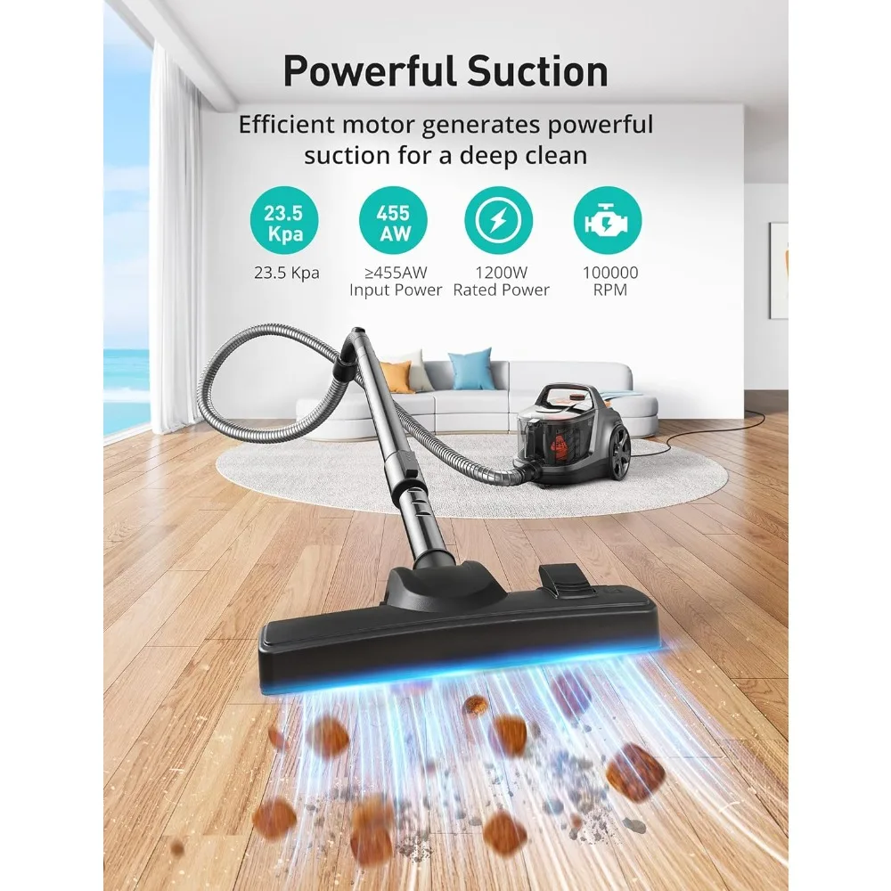 Canister Vacuum Cleaner, 3.7QT Capacity, Automatic Cord Rewind, 5 Tools, HEPA Filter, 1200W Lightweight Bagless Vacuum Cleaner