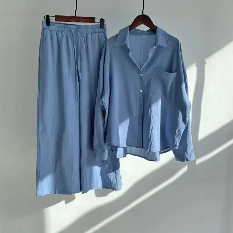 Two Piece Set Women Autumn Home Suit 2024 Cotton Linen Shorts Sets Female Vintage Boho Shirt High Waist Loose Shorts Mujer Sets