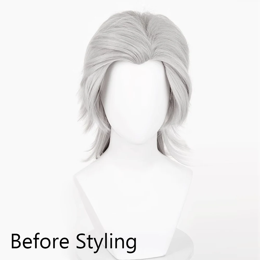 Silver Grey Wolf Tail Men Cosplay Wig Short Straight Fluffy Mullet Hair Heat Resistant Synthetic Wig for Anime Costume Party