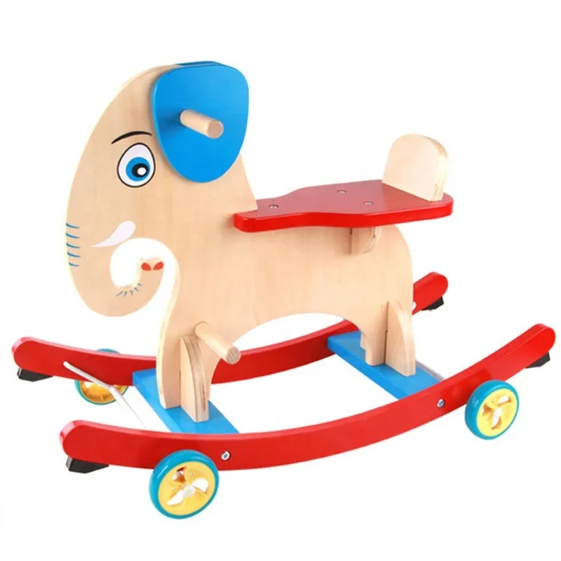 Wholesale Elephant Design Wooden Rocking Horse Baby Wood Ride Animal Toys with Wheels