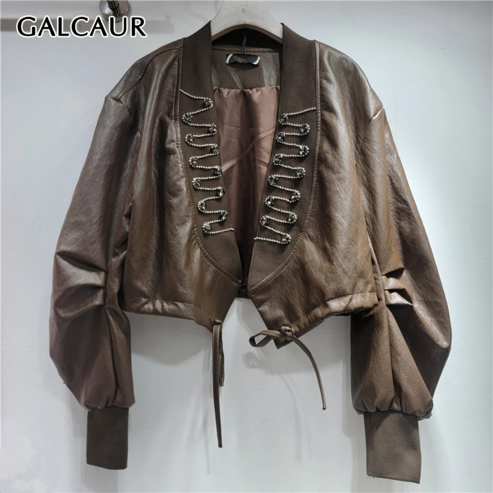 

GALCAUR Solid Spliced Diamonds Chic Jacket Female V Neck Long Sleeve Loose American Retro Women's Jackets Autumn Style Fashion