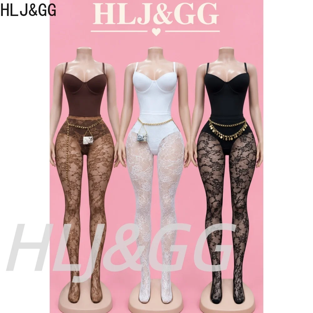 HLJ&GG Sexy Bodysuits Two Piece Sets Women V Neck Spaghetti Strap Top And Lece See Though Long Socks Outfits Fashion Streetwear