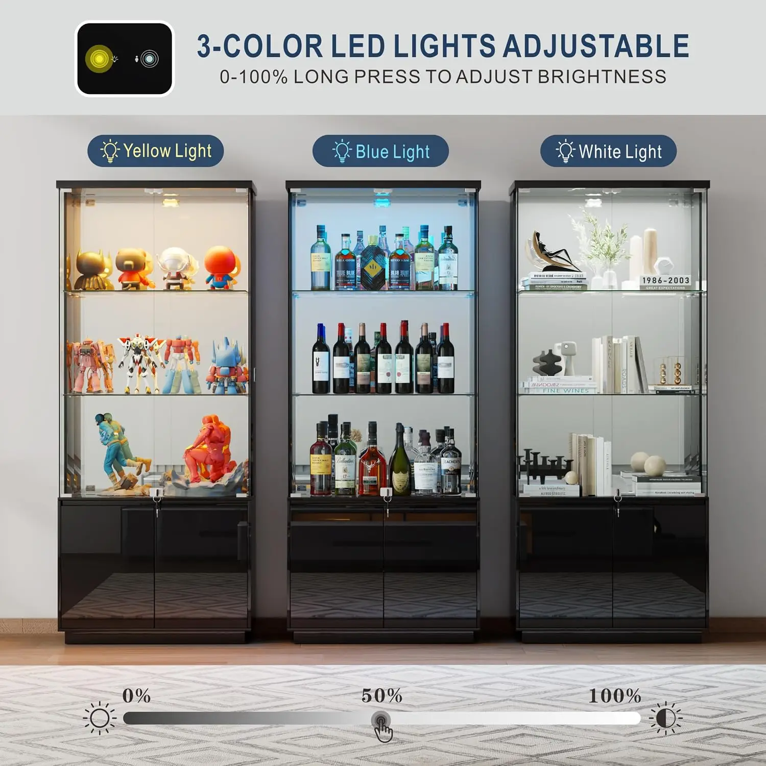 71'' Display Cabinet with Glass Doors & 3 Color Lights, Lockable Curio Cabinet for Bedroom view 3