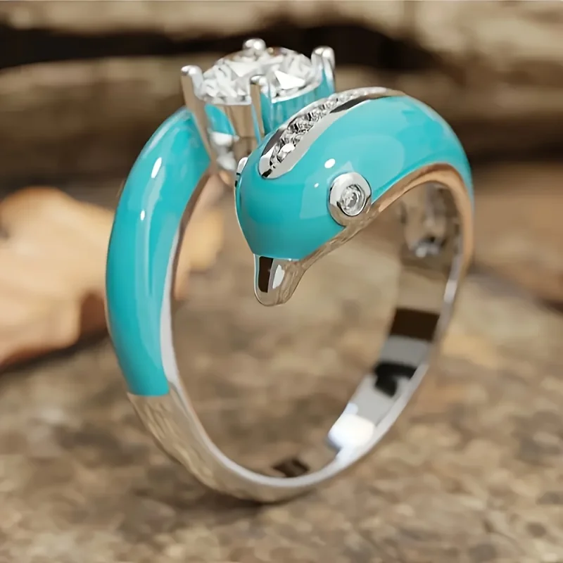 Luxurious Oil-drop Style Women's Cute Marine Animal Cubic Zirconia Dolphin Ring Ideal for Fashionable Female Jewelry Accessories