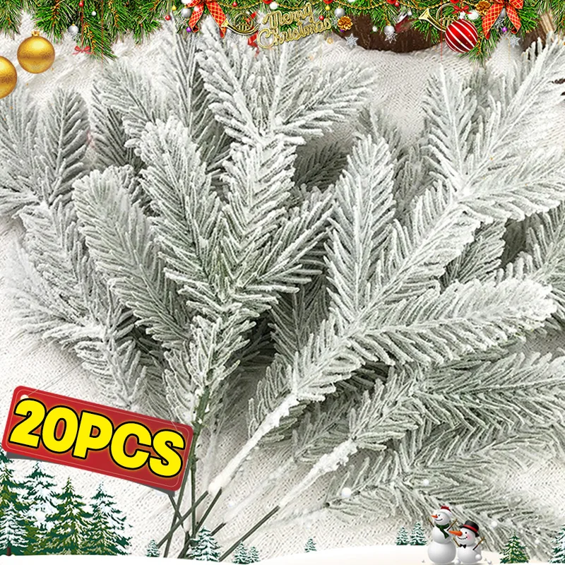 Wholesale Christmas Pine Needle Branches Cypress Leaf Flocked Pine Xmas Tree Artificial Plant Wreath Ornament Snow Twig Decor