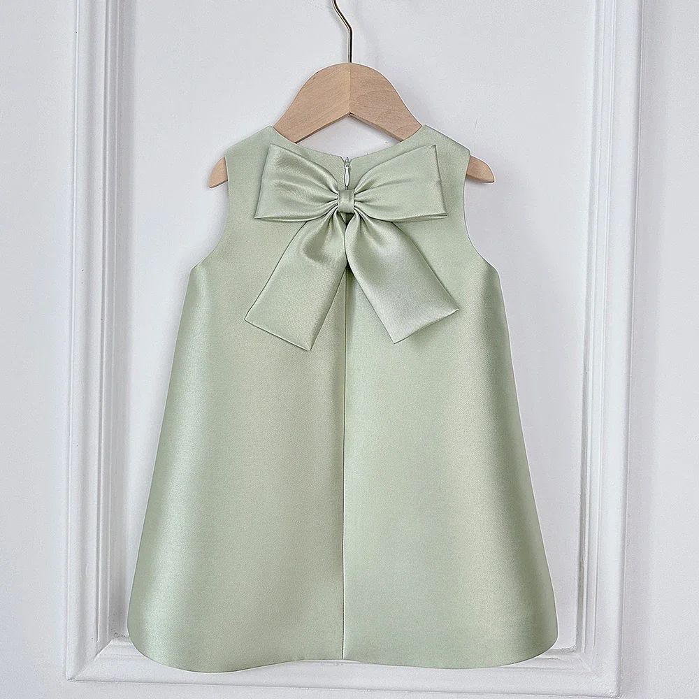 Girls Dresses Green Satin Sequined With Bow Sleeveless for Wedding Birthday Party Banquet Princess Child Gowns