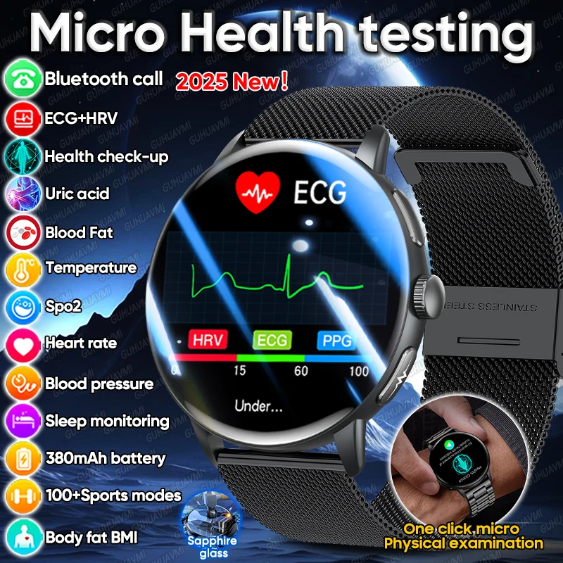 2025 جديد مايكرو الفحص البدني ساعة ذكية ECG + PPG ساعة ضغط الدم الدهون في الدم حمض اليوريك الجسم الدهون مكالمة صوتية Smartwatch