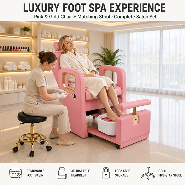 Pink Gold Set Luxury Foot Pedicure Spa Chair With Gold Five Star Stool Removable Foot Basin Adjustable Headrest Lockable Storage