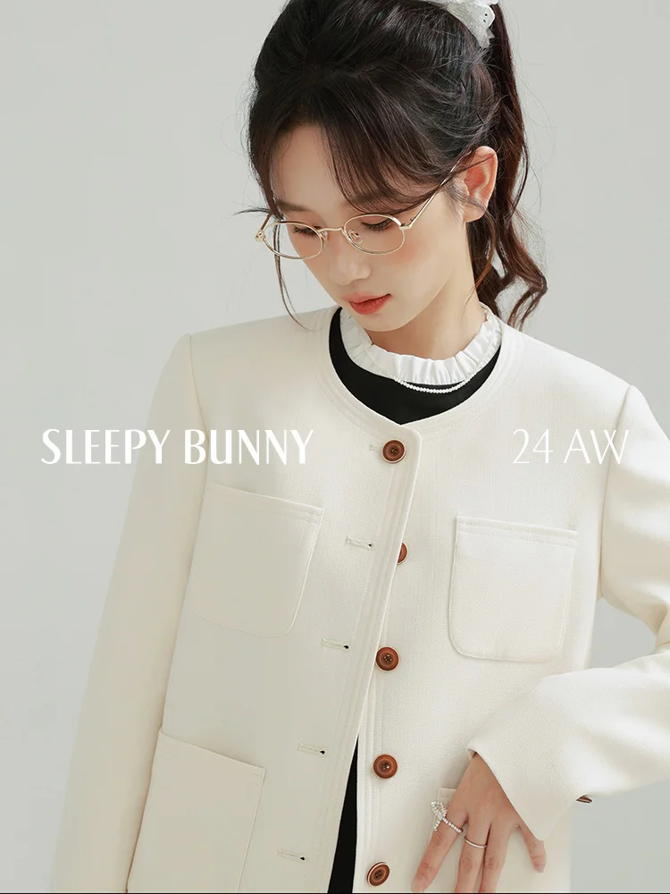 Elegant Retro Casual Contrast Trim Round Neck Jacket Short Cropped Blazer Women Vintage Chic Slim Fit Single Breasted Coat Top