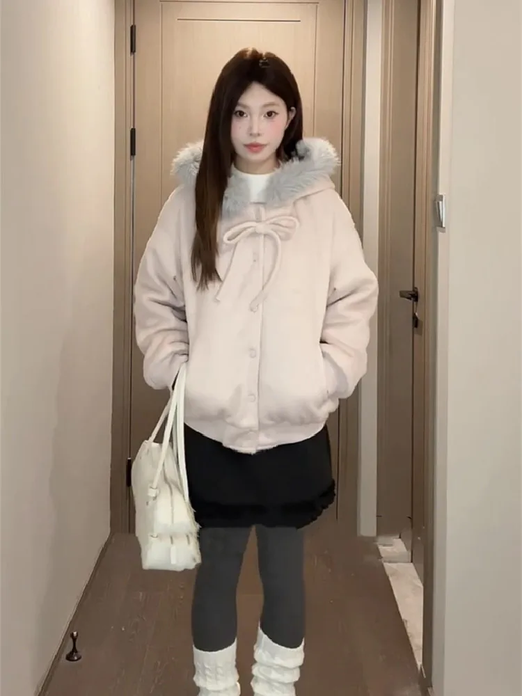 Sweet Sle Women's Baseball Jaet with Fur Collar Bow Tie Hooded Coat Korean High-End Feel Autumn Winter New Arrival