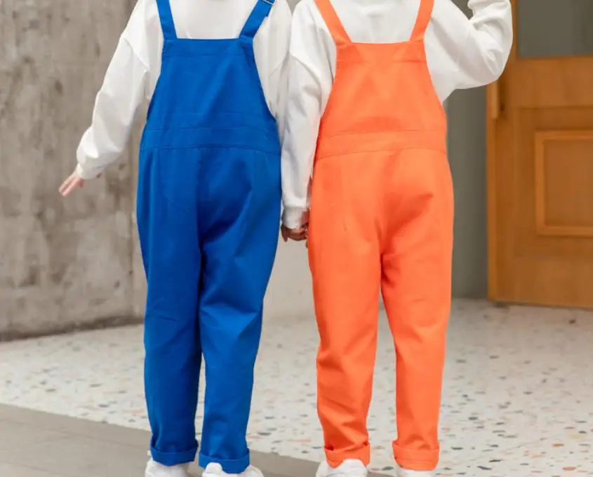 Boys Girls Hip Hop Solid Overalls Candy Color Dungaree Jumpsuit Romper Kids Streetwear Colorful School Uniform Trousers 3-16Year