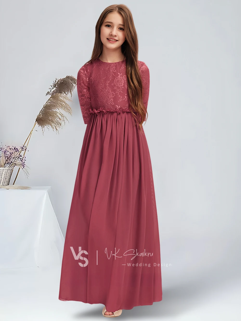 A-line Scoop Floor-Length Chiffon Junior Bridesmaid Dress With Pleated Cinnamon Rose Flower Girl Dress for Wedding Party Teens