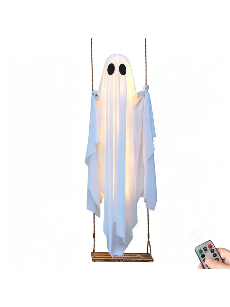 Wiszący dekoracyjny duch na Halloween, uroczy biały duch z lampkami, upiorny element dekoracyjny na werandę, do ogrodu, na drzewa. — 2