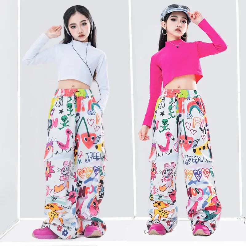 【4-15 Years Old】Girls Fashion Loose Graffiti Trouser Suits Children\'S Street Dance Hip Hop Fashion Clothes Girls Spring And S