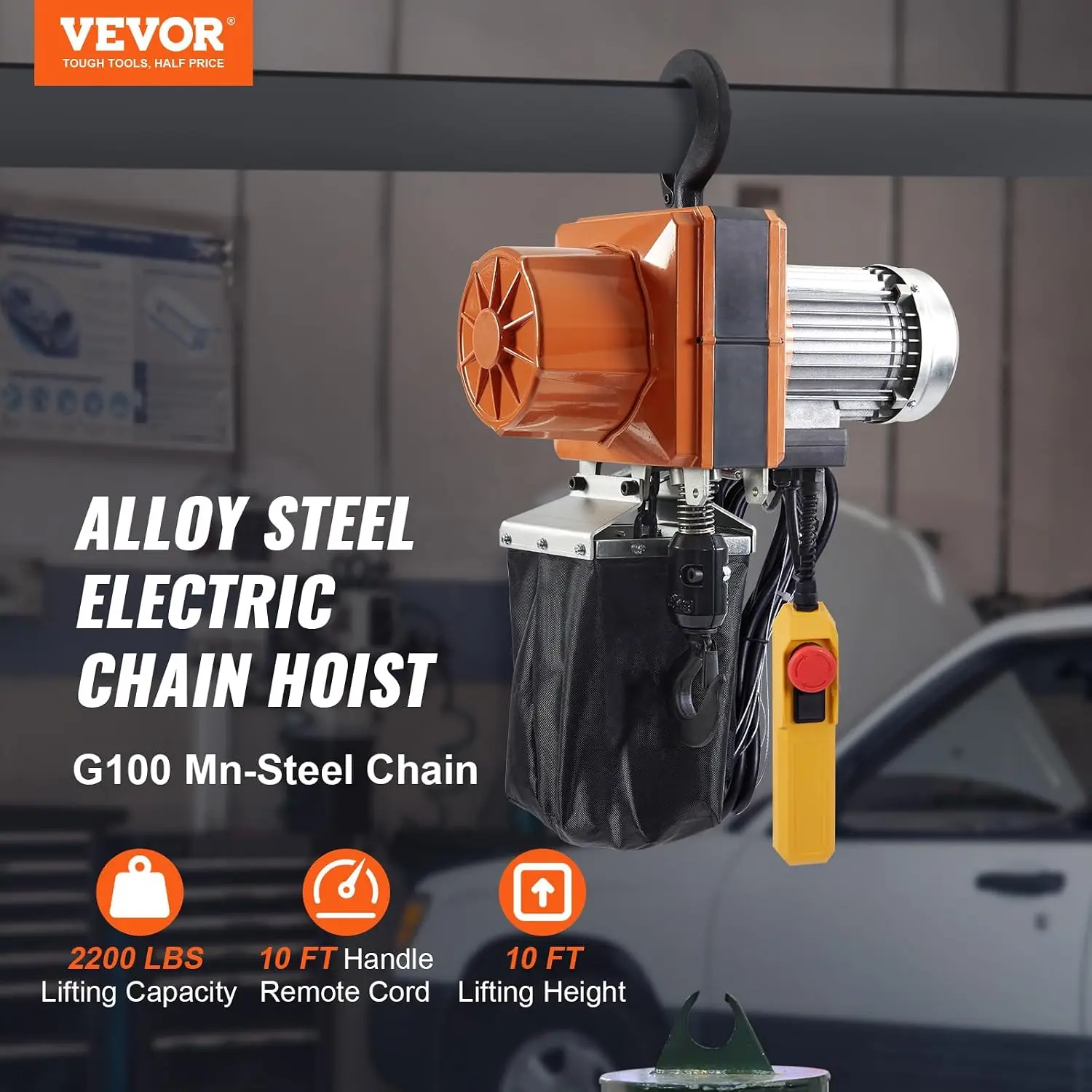 Electric Chain Hoist, 2200 lbs/1 ton Capacity, 10 ft Lifting Height, 10 ft/min Speed, 120V, Single Phase Overhead Crane with G10