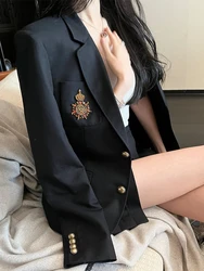 Jaqueta feminina com crachá de lã, blazers de manga comprida, casaco estilo universitário, terno elegante na moda, novo, primavera e outono, 2024