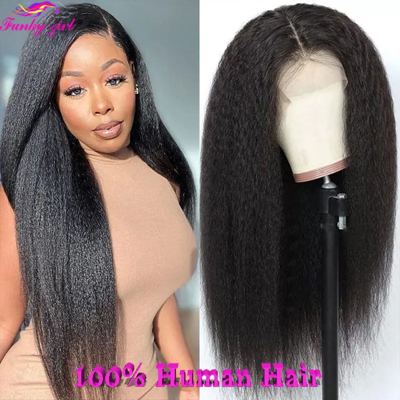 Perruque Lace Wig naturelle brésilienne Remy Yaki, cheveux crépus lisses, densité 180%, pour femmes