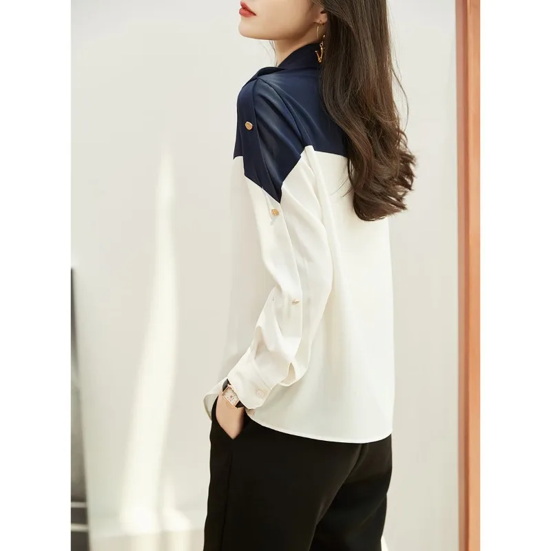 Spring Autumn Women\'s Pullover Turn-down Collar Rivet Patchwork Solid Button Long Sleeve T-shirt Office Lady Fashion Casual Tops