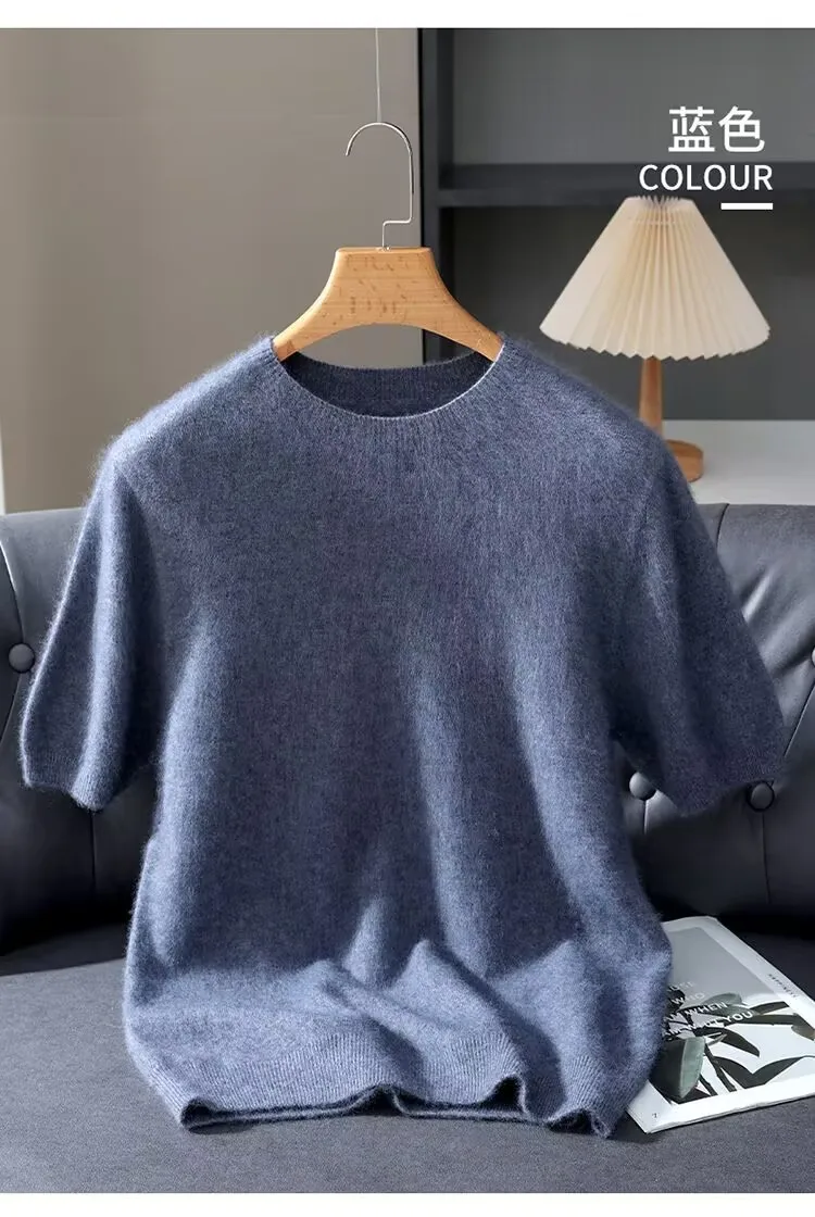 Herrenpullover, kurzärmelig, Sommer-Nerzstrickpullover, lockerer Rundhalsausschnitt, einfarbig, halbe Ärmel, einfaches T-Shirt, lässiges Oberteil – Detail 17
