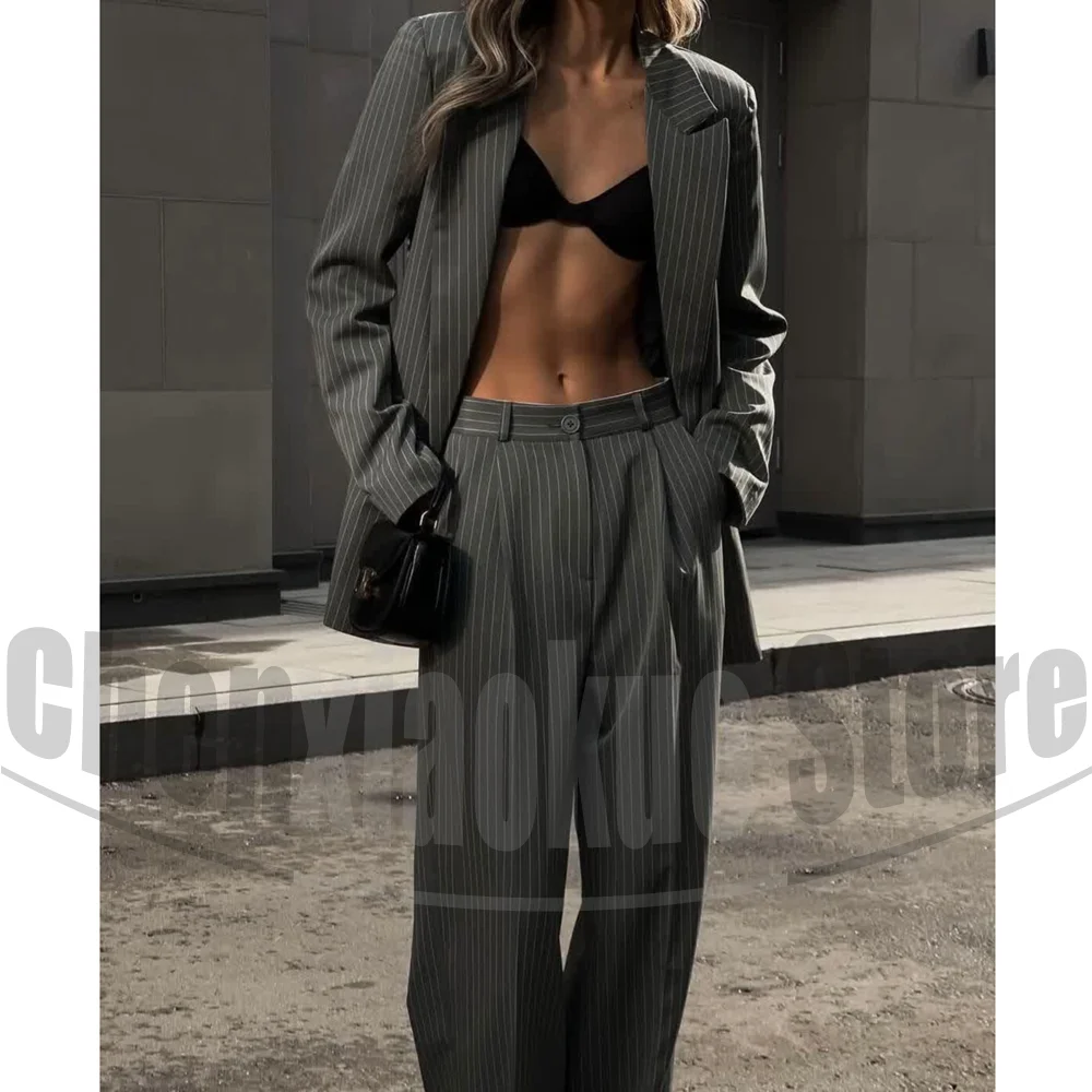 

Chic Striped Women Suit 2 Piece Peak Lapel Double Breasted Blazer Pants Loose Fit Fashion Office Lady Casual Party Outfit