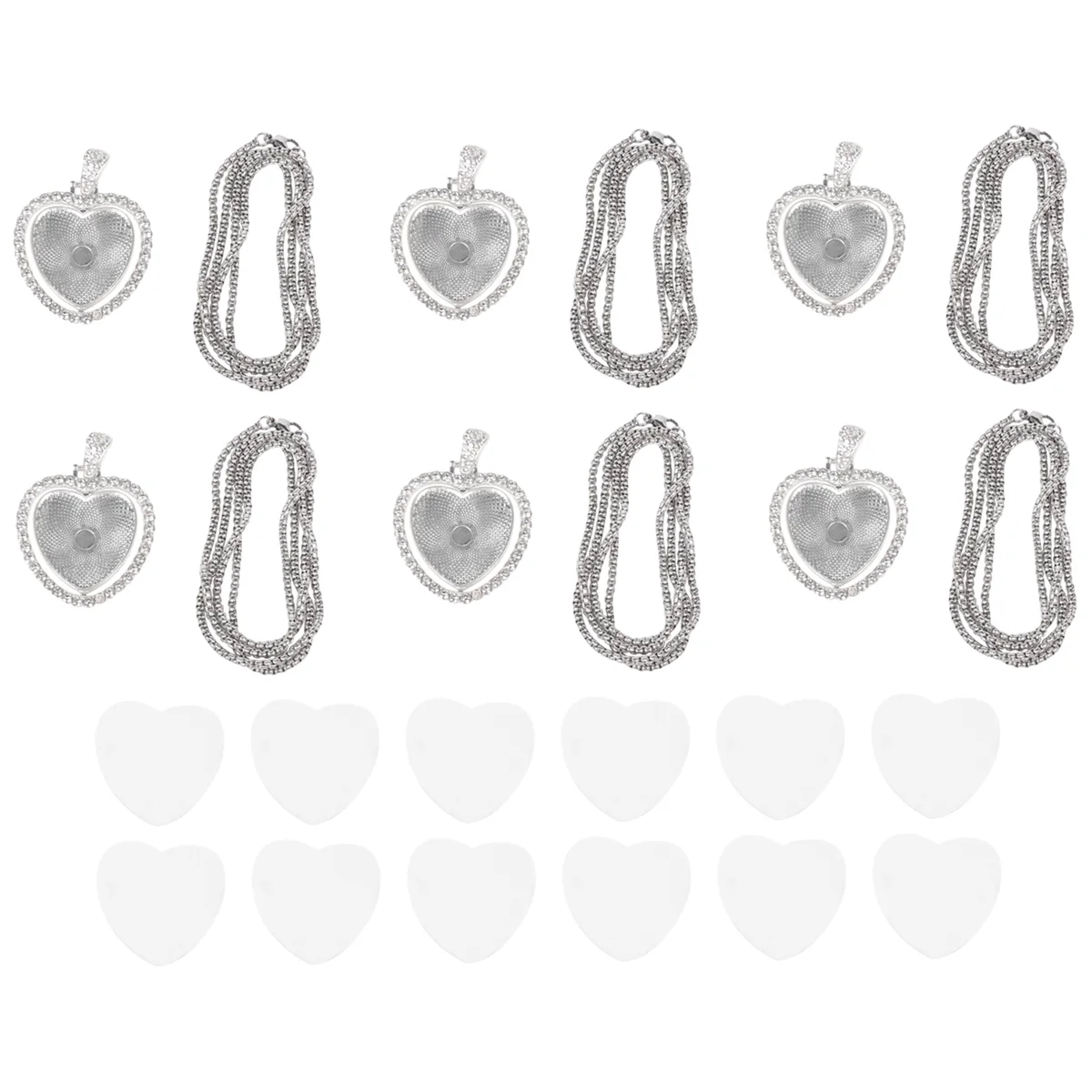 24Pcs Sublimation Rhinestone Trays Pendant Set, 6 Blank Bezel Trays, 6 Pcs Chains with 12 Discs, Heart Style