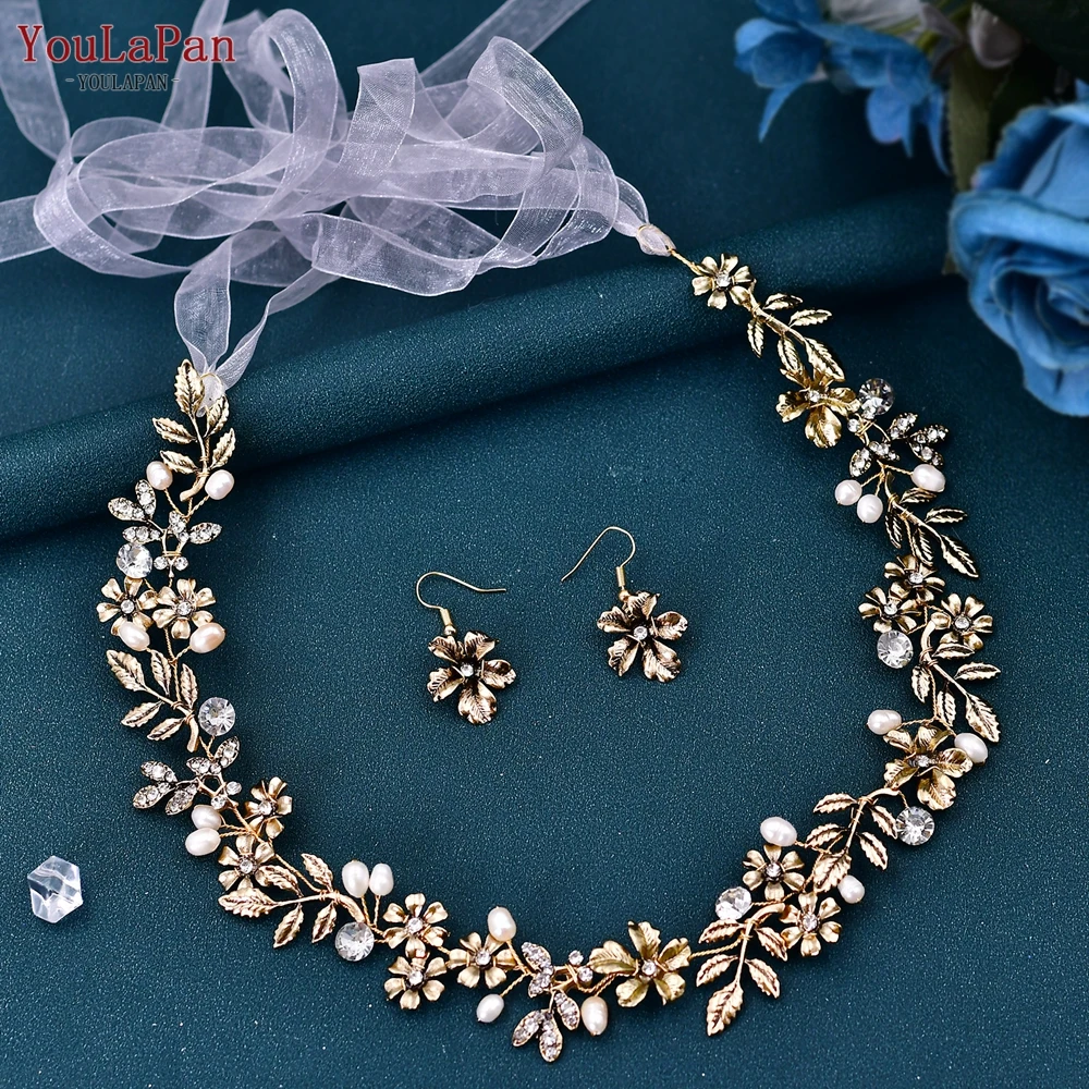 YouLaPan diadema nupcial de cristal para mujer, tocado de perlas doradas, tocado de flores de aleación, joyería para el cabello, accesorios para el cabello, HP355