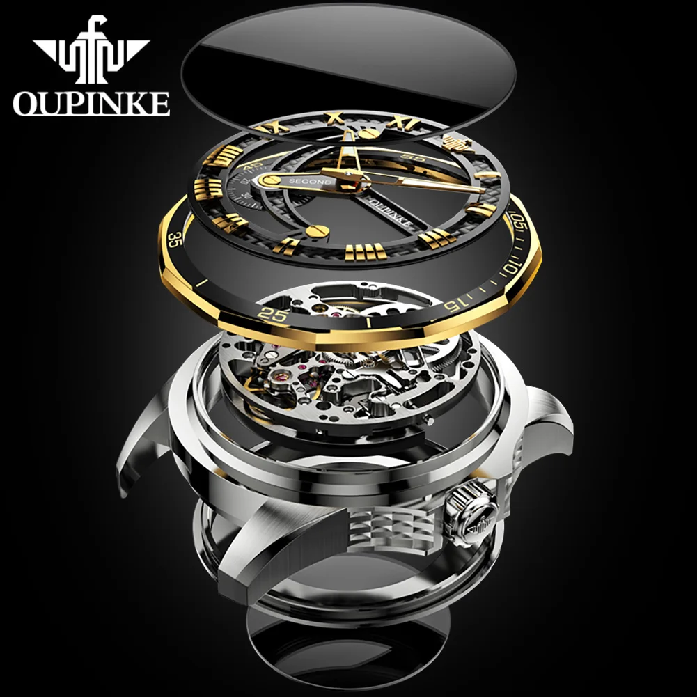 OUPINKE Men Mechanical Watch Sapphire Glass Automatic wristwatch Luxury Tungsten Steel 50m Waterproof Business Sport Men Watches