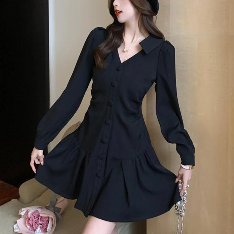 Spring New Sexy V-neck Pleated Single Breasted Mini Dress Lady Long Sleeve Slim Casual Fashion Robe Dresses Vestidos De Fiesta