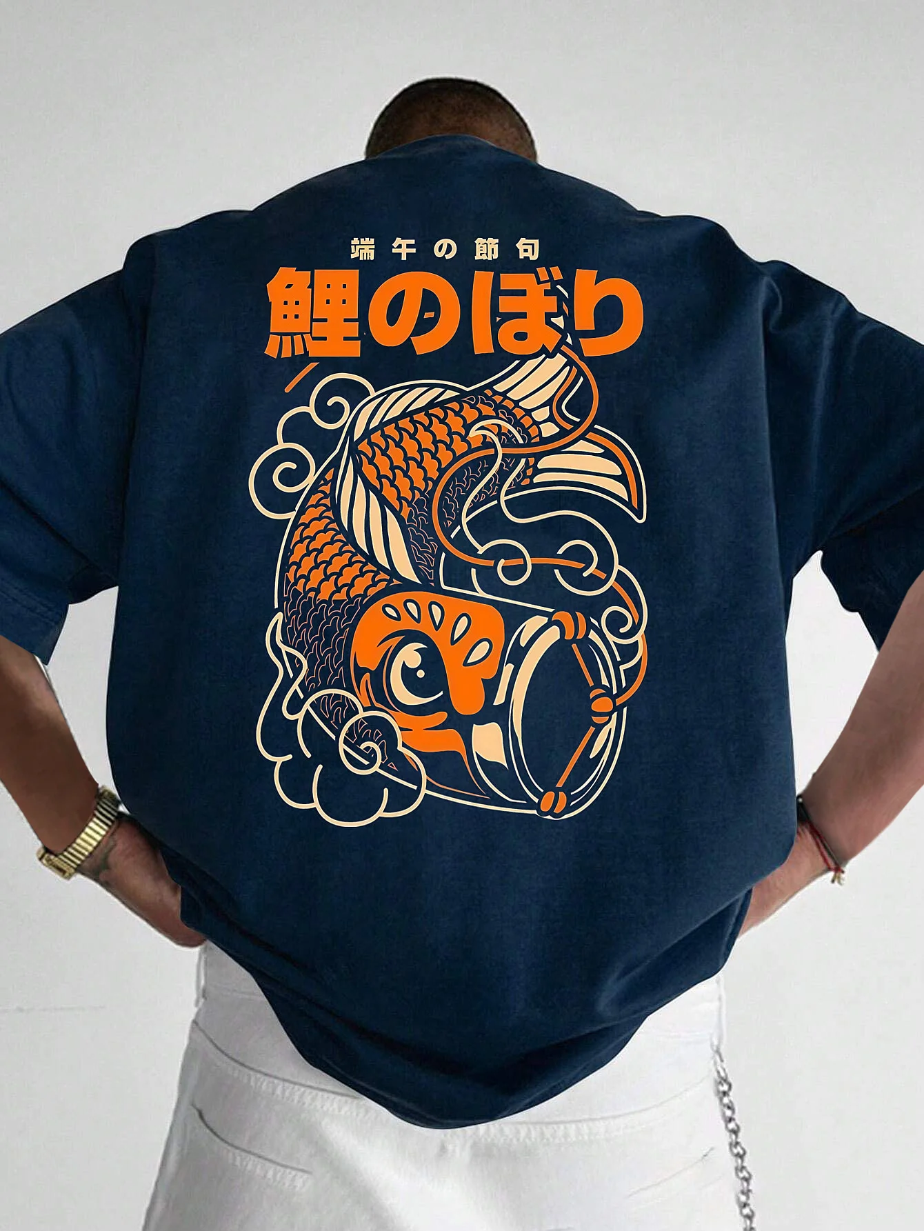 2025 Summer Men Casual Short Sleeve T-Shirt Japanese Koi Fish Cloud Print Navy Blue with Orange Artwork Men Clothing