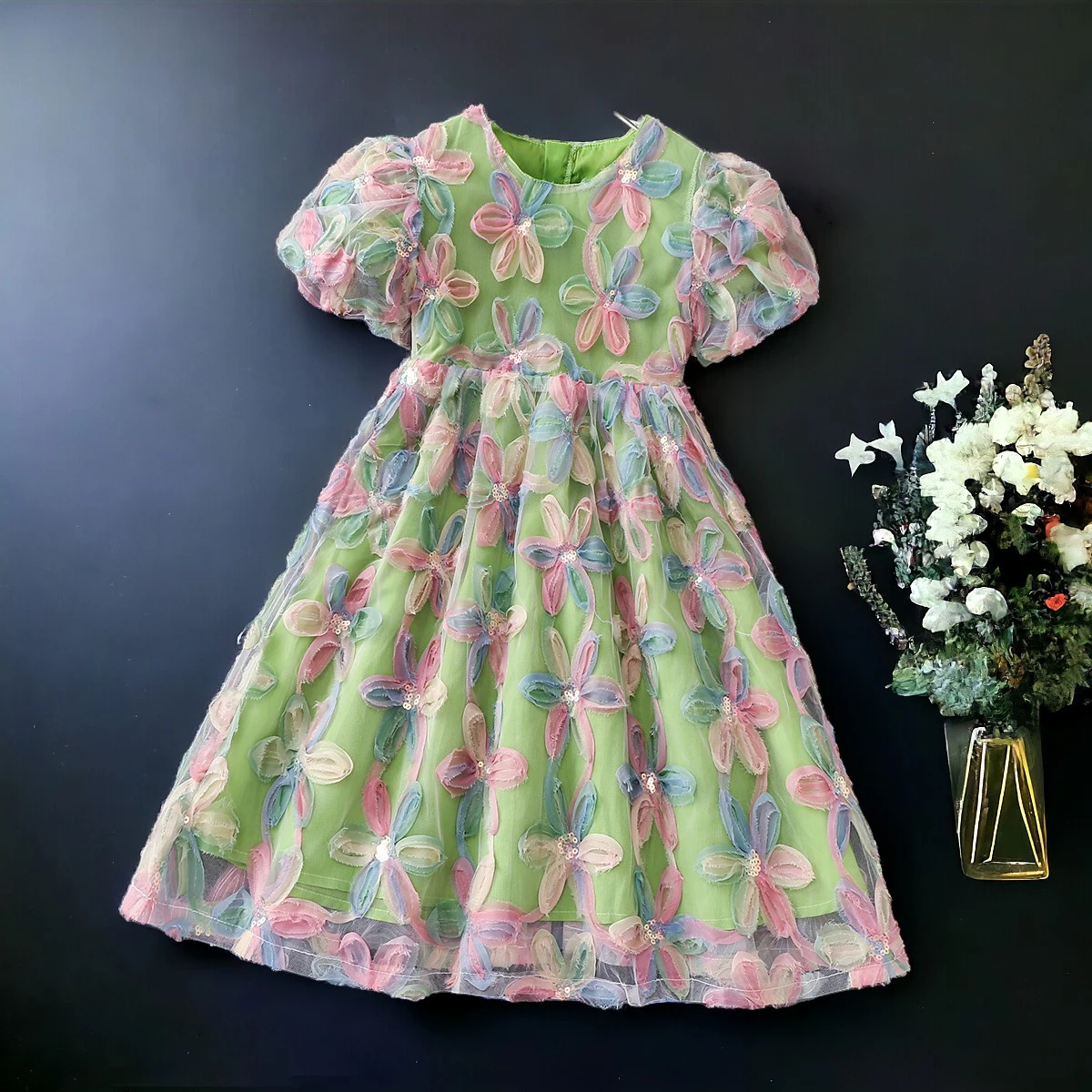 Baby Kids Embroidery Lace Dresses for Girls Flower Outfits Summer Short Sleeve Children Princess Costumes 5 7 8 9 10 11 13 Years