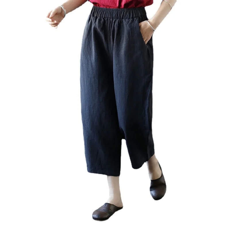 

Shanghai Story Women's Linen Wide Leg Solid Capris Pants Yoga Hippie Cropped Trousers Black