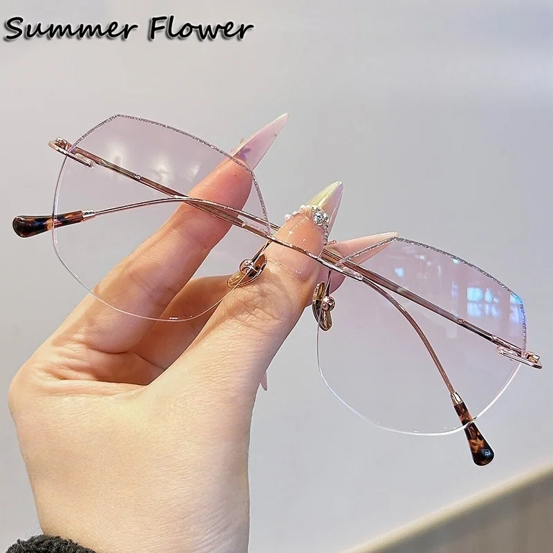 

Women Rimless Eyeglass Titanium Clear Lenses Elegant Prescription Glasses Lady Diamonds Colored Glitter Glass Fashion Gafas