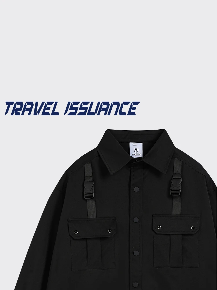 旅行用長袖ルーズポケットピュアブラックファッションシャツクール秋トレンディパーソナライズされた衣類アクセサリー