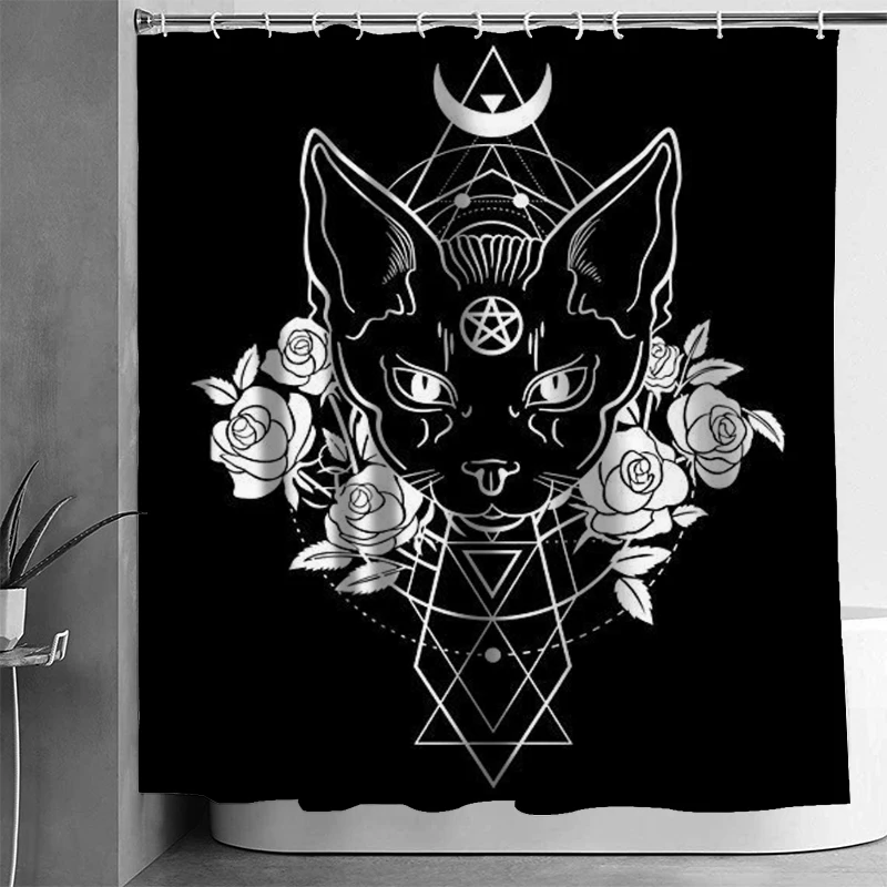 Satanic Cat Pentagram Death Black Metal Durable Bathroom Curtains Waterproof Polyester Fabric Shower Curtains with 12 Hooks