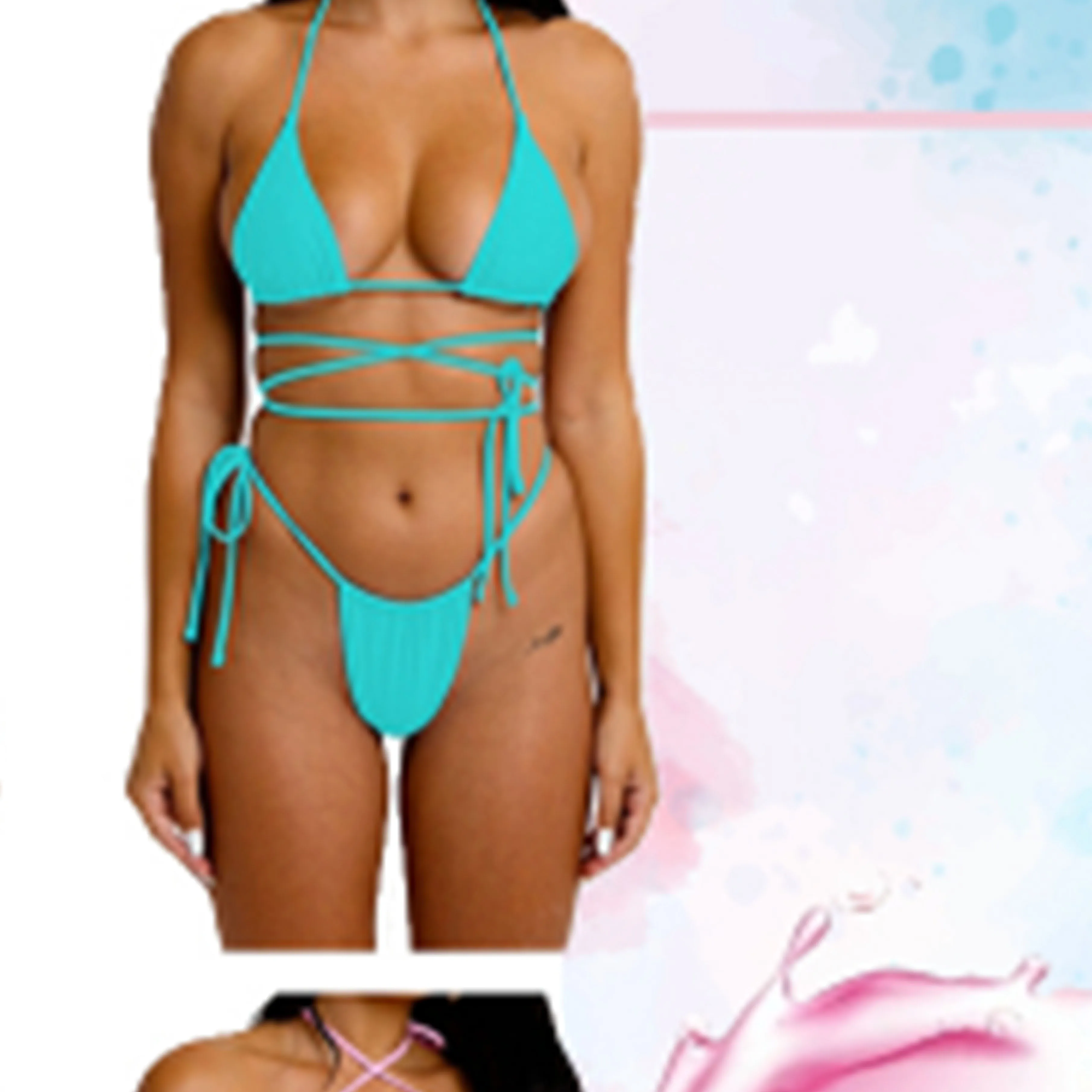 ملابس سباحة مقسمة من قطعتين ، بلون واحد ، مثير ، قصة ضيقة ، حزام ، بيكيني ، ملابس شاطئ ، ربيع #5