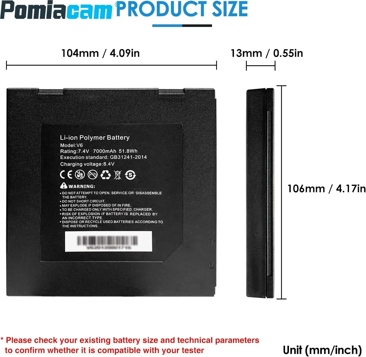 Bateria recarregável de polímero de íon de lítio V6 7000mAh 7,4V 51,8Wh para testador CCTV compatível com X9 IPC-8600plus serise