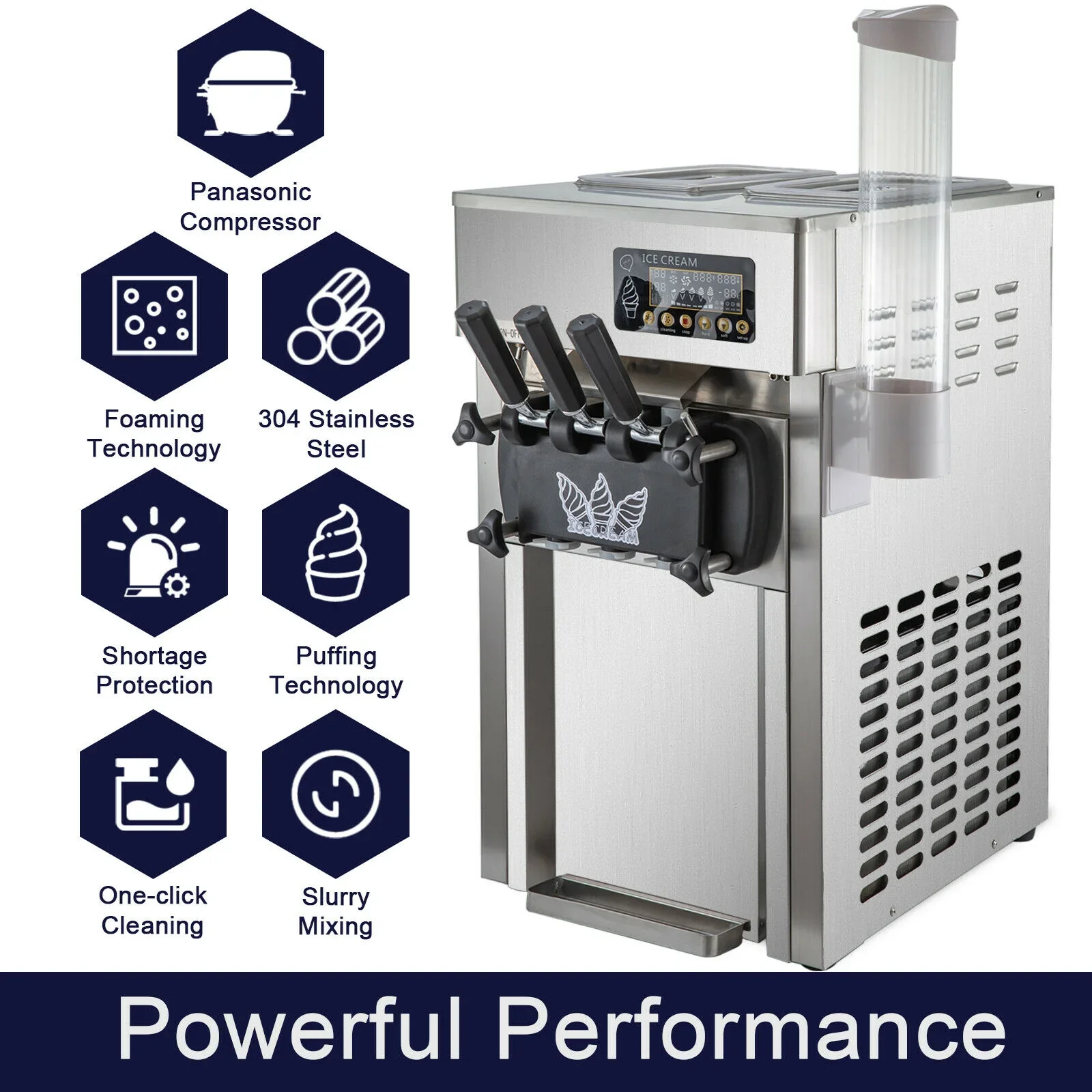 LCD Display 3 Flavor 18L/H Output Small Commercial Soft Serve Frozen Yogurt Ice Cream Making Machine