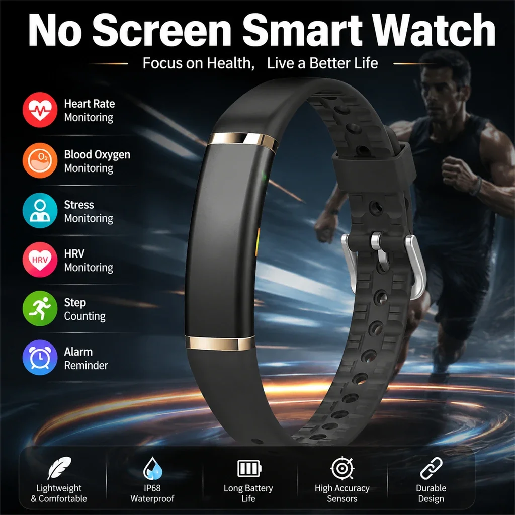 New No Screen Smart Watch Health Fitness Tracker Smart Bracelet Heart Rate Stress HRV Sleep Monitor Step Counter IP68 Waterproof