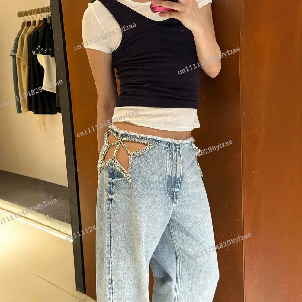 Y2k American retro spicy girl design, star hollow rhinestone jeans, loose wide leg pants