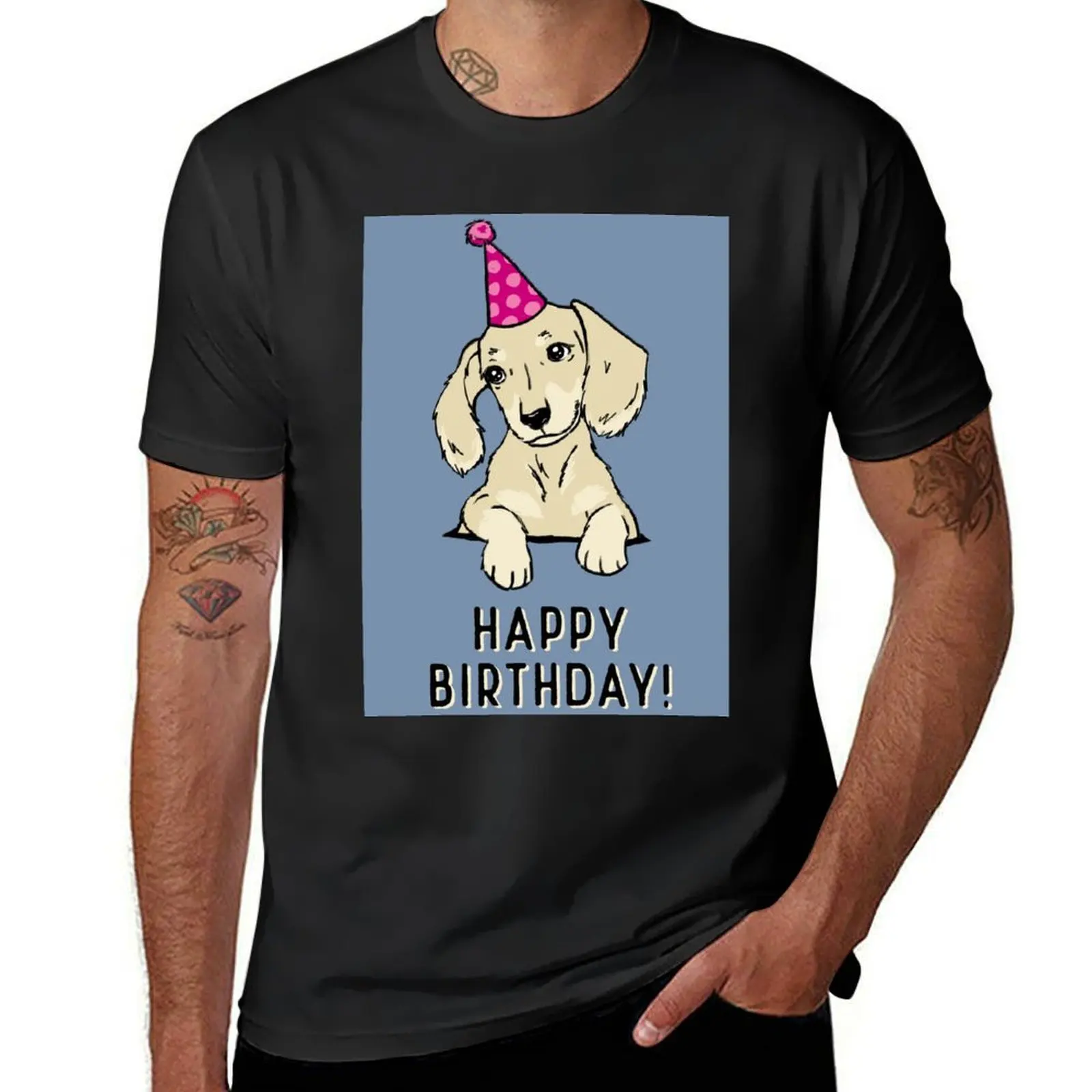 

Pale Cream Hairy Dachshund Happy Birthday Card T-Shirt plus sizes blanks men t shirts