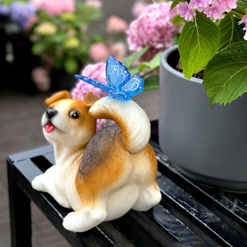 Garden Outdoor Decoration Dog Rabbit with Solar Butterfly Light Garden Figurines for Animal Lover Patio Yard Lawn Porch