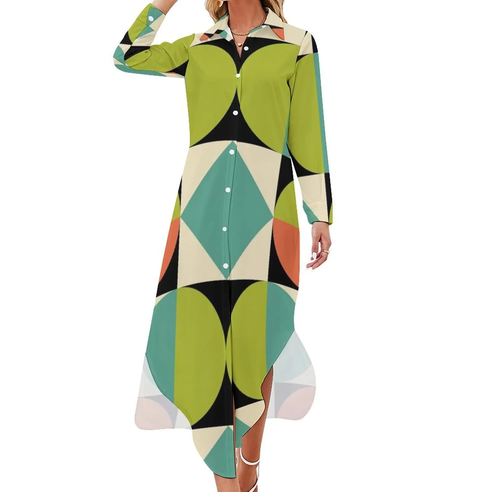 

Colorful Mid Century Modern Geometric Abstract 625 Long Sleeved Shirt Dress Summer women's clothing Women's long dress