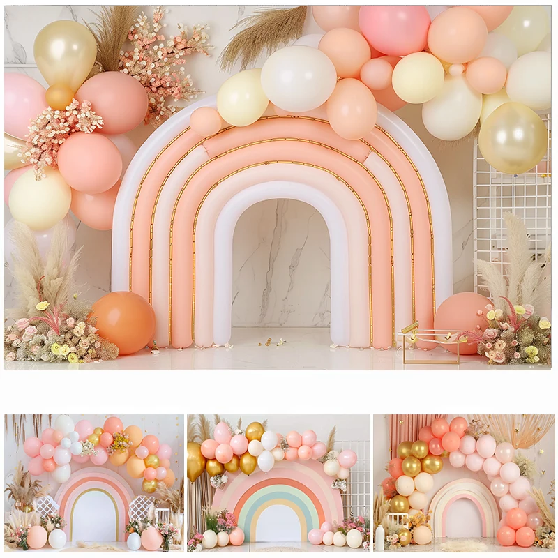 

LS Photography Background Bohemian Rainbow Balloon 1st Birthday Girl Cake Smash Kids Portrait Decor Backdrop Photo Studio