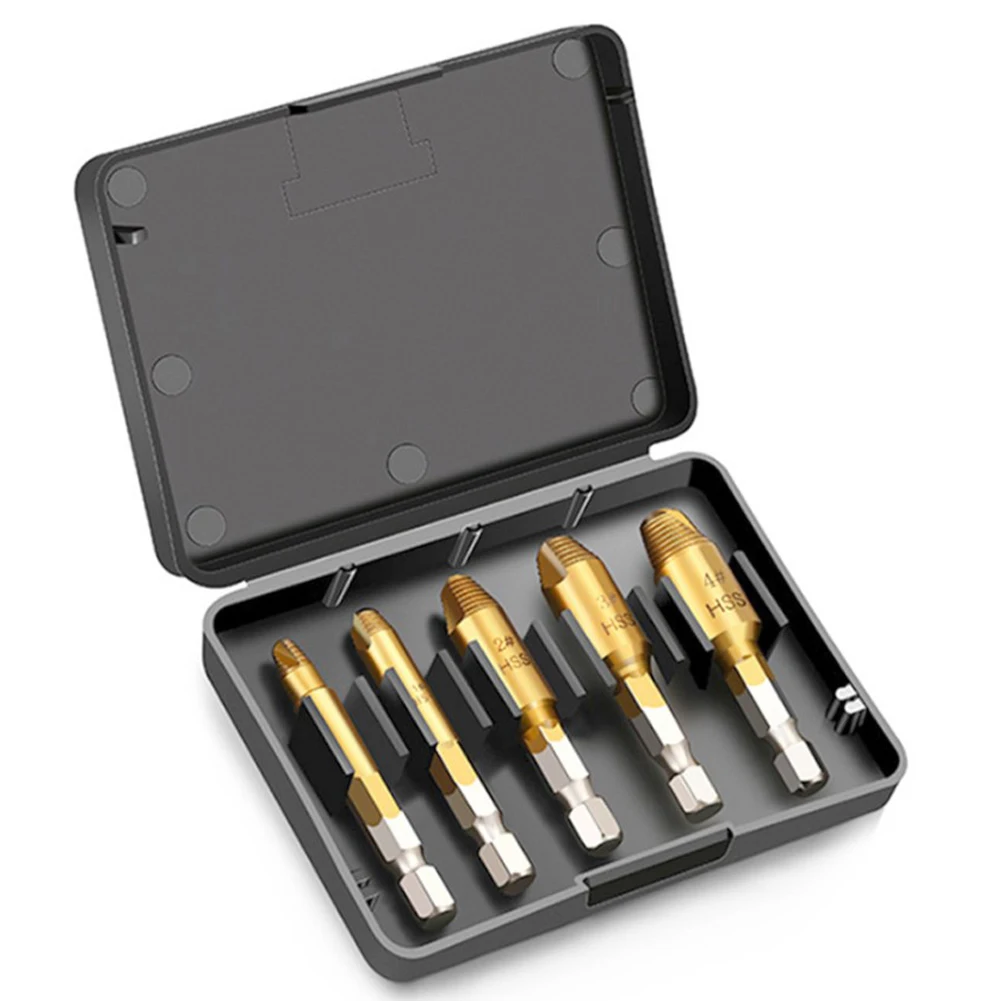 5pcs Broken Screw Extractor Set with Hex Handle for Removing Rusted Stripped Wood Machine Cross Flat Hex Screws
