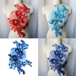 Red Blue 3D Flower Lace Fabric Silver Sequin Embroidered Gown Appliques Collar Tulle Mesh Sew Patch For Wedding Decoration Dress